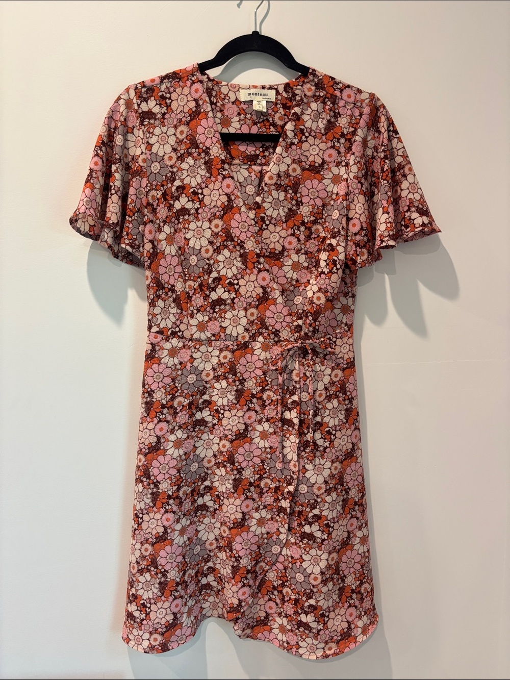 Monteau Floral Wrap-Style Midi Dress in Pink and Brown
